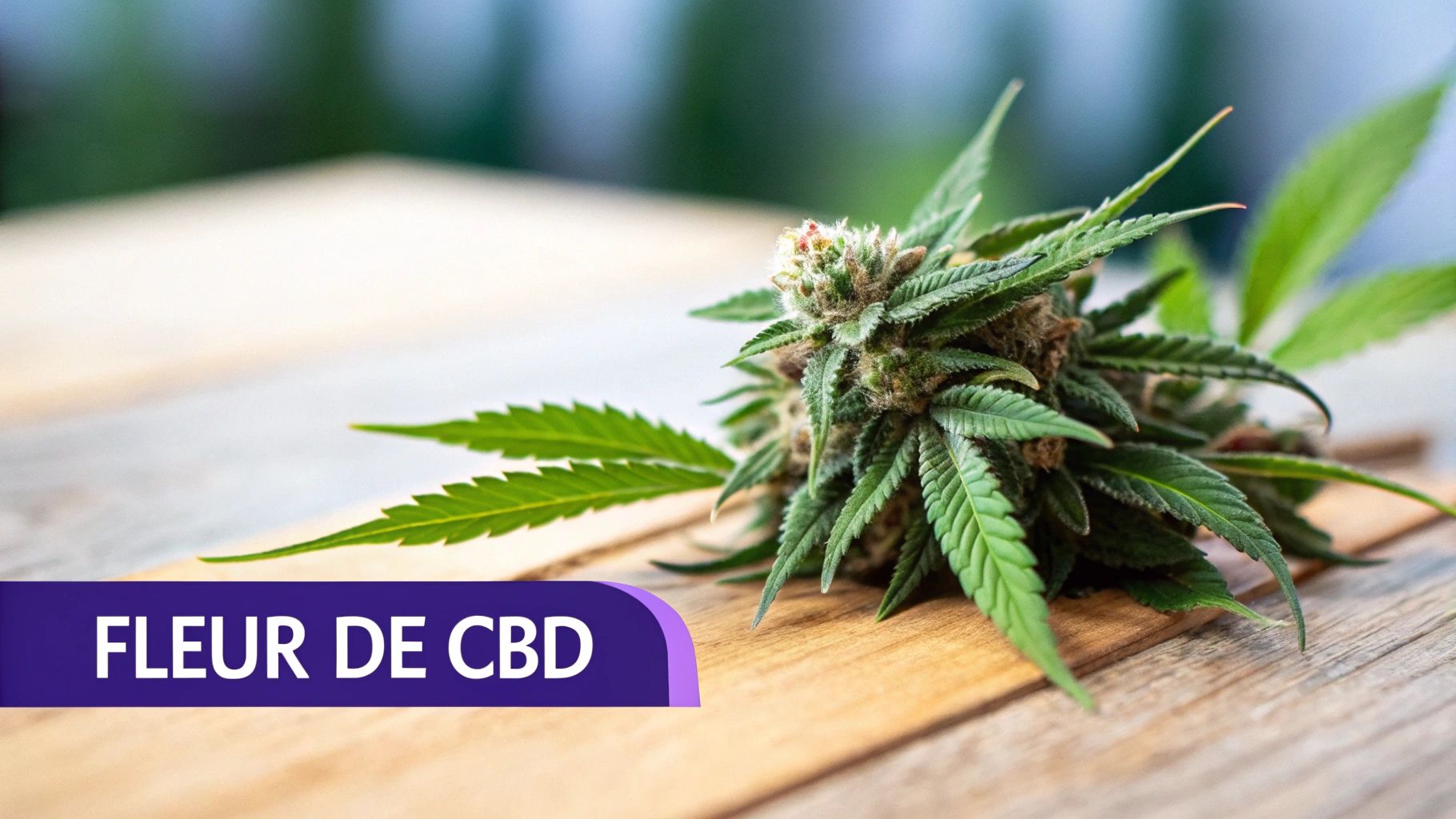 Une fleur de CBD verte et ses feuilles, posée sur une planche de bois claire.