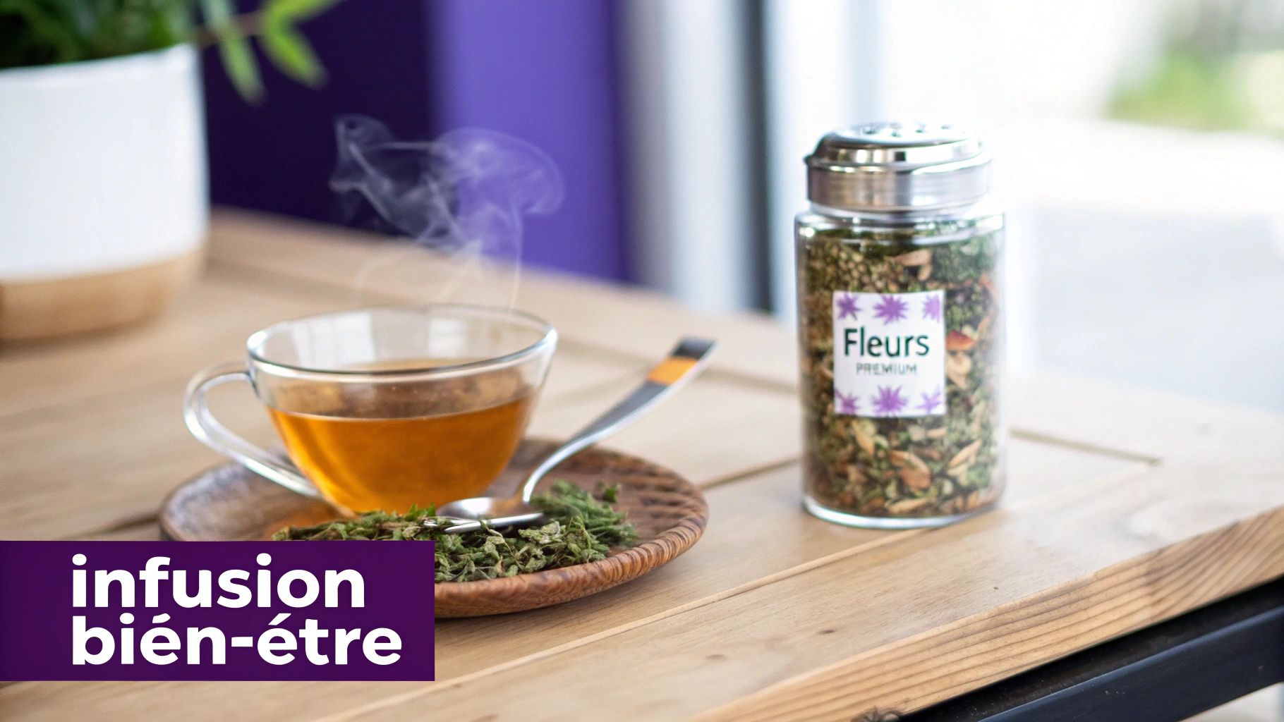 Une tasse de tisane fumante avec un pot d'infusion "Fleurs PREMIUM" et des herbes séchées sur une table en bois.