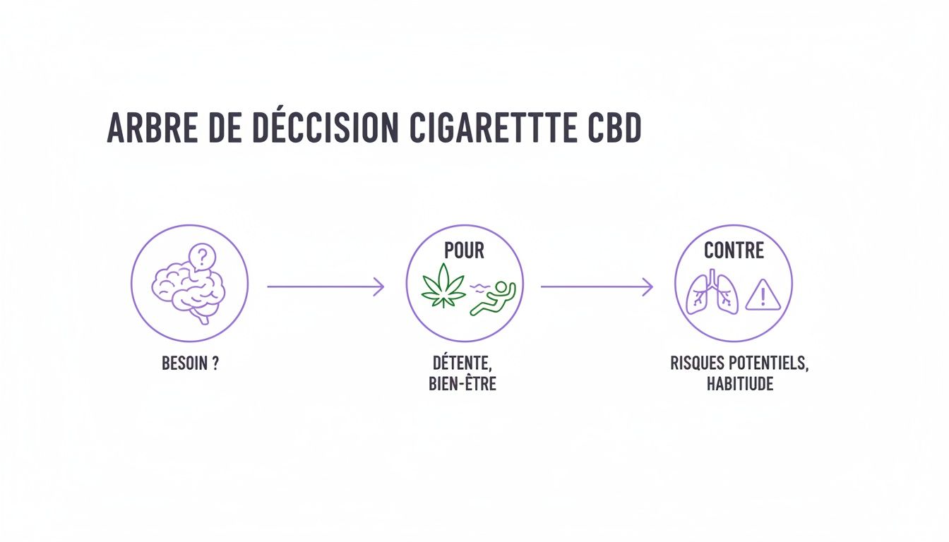 Arbre de décision sur la cigarette CBD : besoin, avantages (détente), et inconvénients (risques, habitude).
