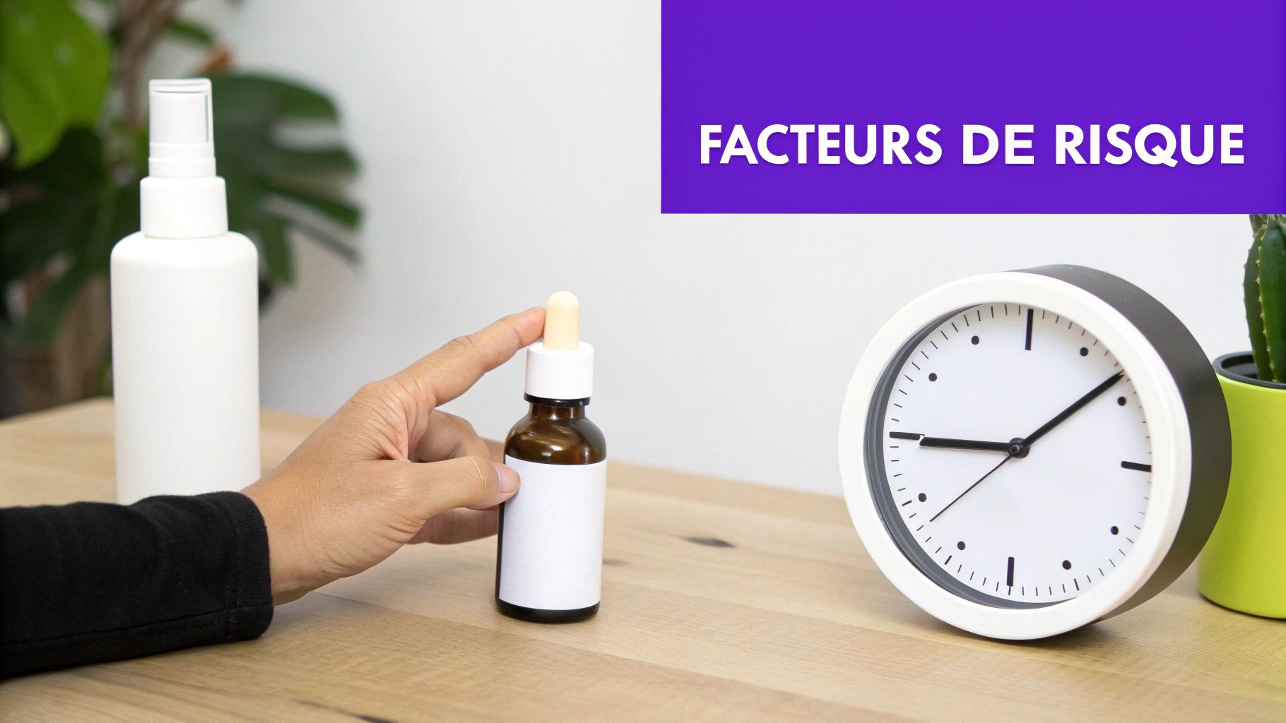 Une main tient une bouteille compte-gouttes à côté d'un spray, une horloge et un cactus sur une table en bois. Le texte indique 'FACTEURS DE RISQUE'.