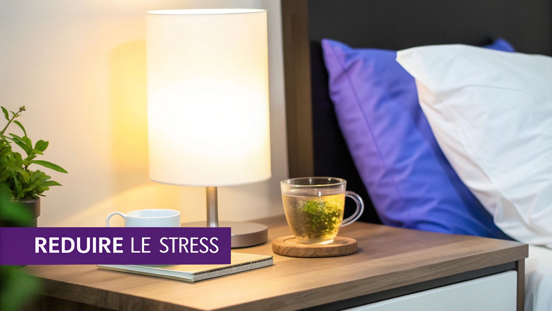 Table de chevet éclairée avec tasse de thé apaisante, plante verte et livre, symbolisant la relaxation et la réduction du stress.