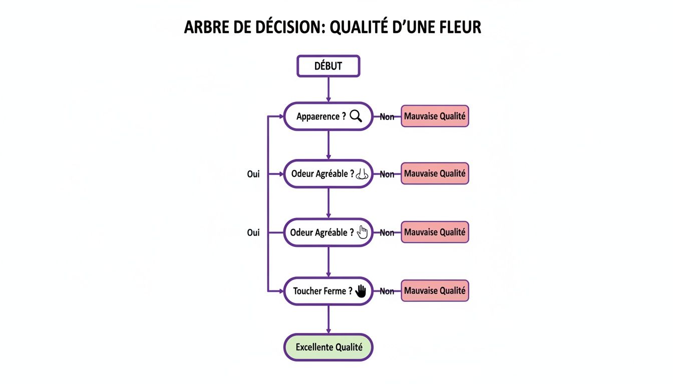 Arbre de décision illustrant les étapes pour déterminer la qualité d'une fleur basée sur son apparence, son odeur et son toucher.