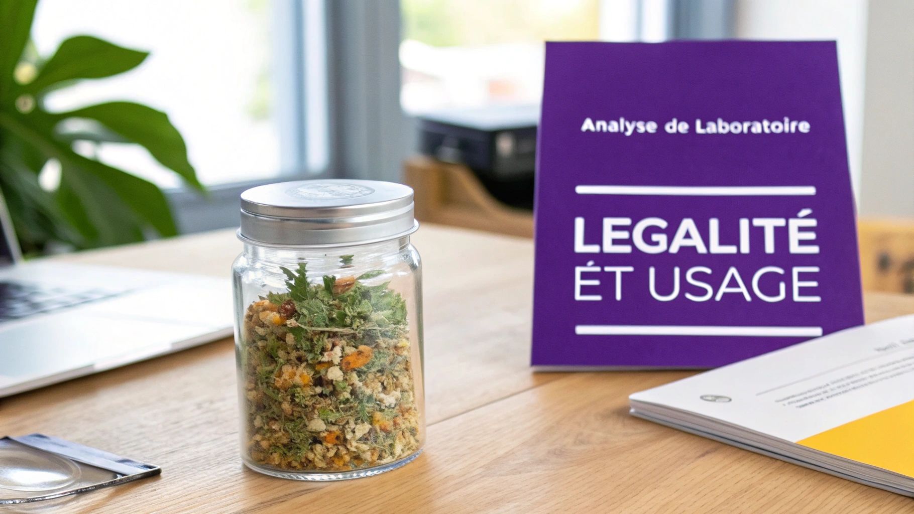 Un pot en verre rempli d'herbes sur une table en bois, avec un ordinateur portable et des documents violets intitulés "LÉGALITÉ ÉT USAGE".