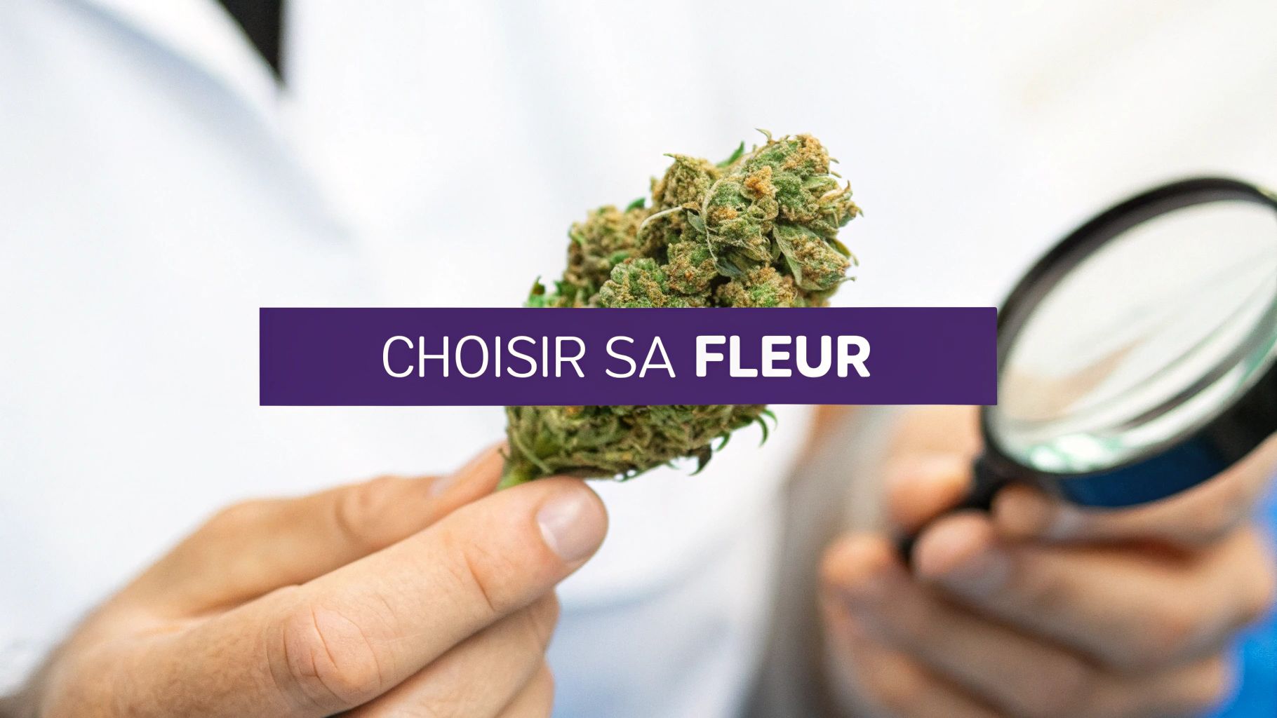 Un homme examine attentivement une fleur de cannabis avec une loupe, sur un fond blanc, sous le texte "CHOISIR SA FLEUR".