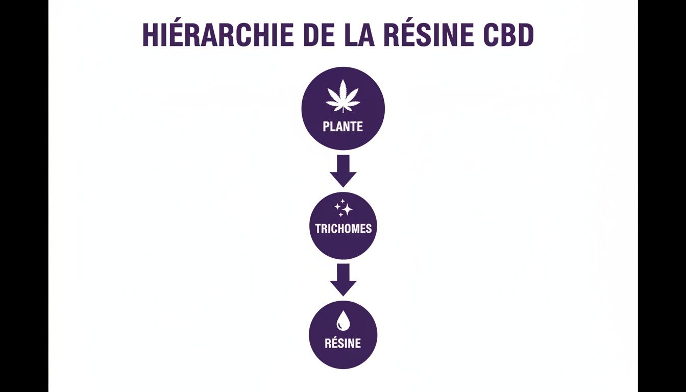 Diagramme montrant la hiérarchie de la résine CBD: de la plante aux trichomes, puis à la résine finale.