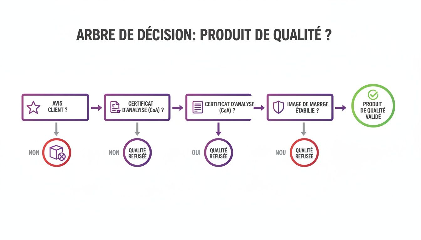 Arbre de décision pour évaluer la qualité d'un produit, incluant avis client, certificats d'analyse et validation finale.