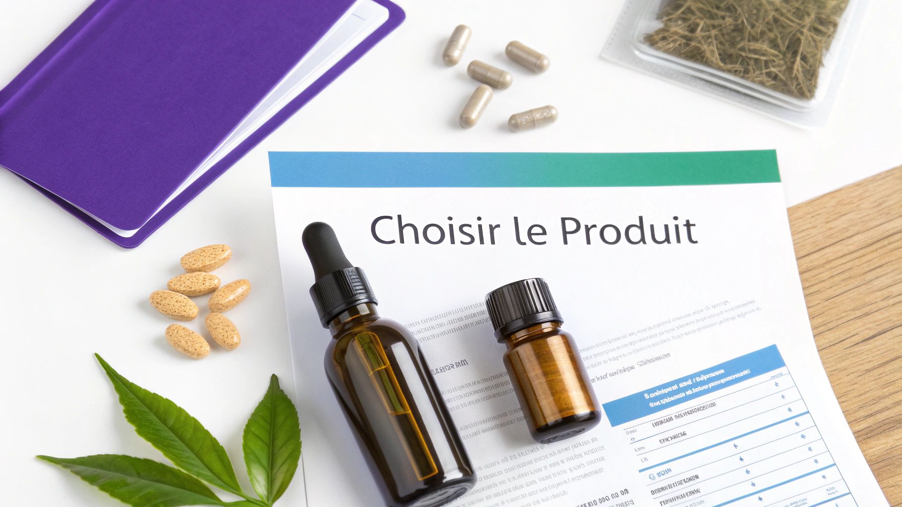 Produits de santé et bien-être, y compris des pilules, des huiles et des herbes, avec un document 'Choisir le Produit'.