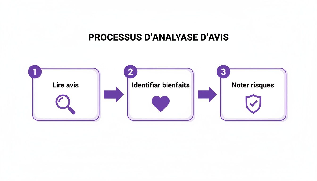 Diagramme montrant les étapes du processus d'analyse d'avis : lire, identifier les bienfaits et noter les risques.