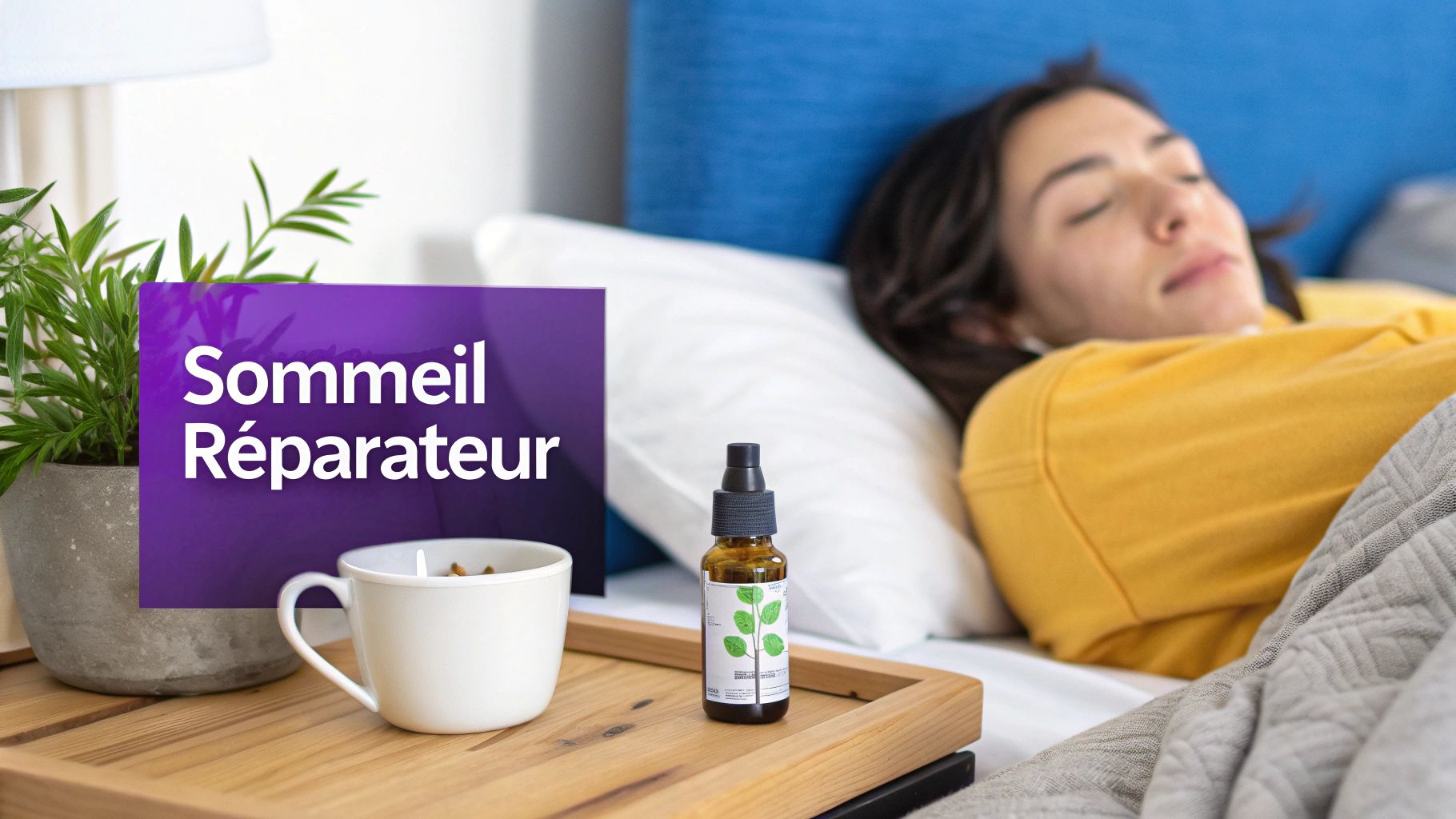 Une femme dort paisiblement au lit. Sur la table de nuit, une plante, une tasse et un vaporisateur se trouvent à côté d'un texte violet « Sommeil Réparateur ».