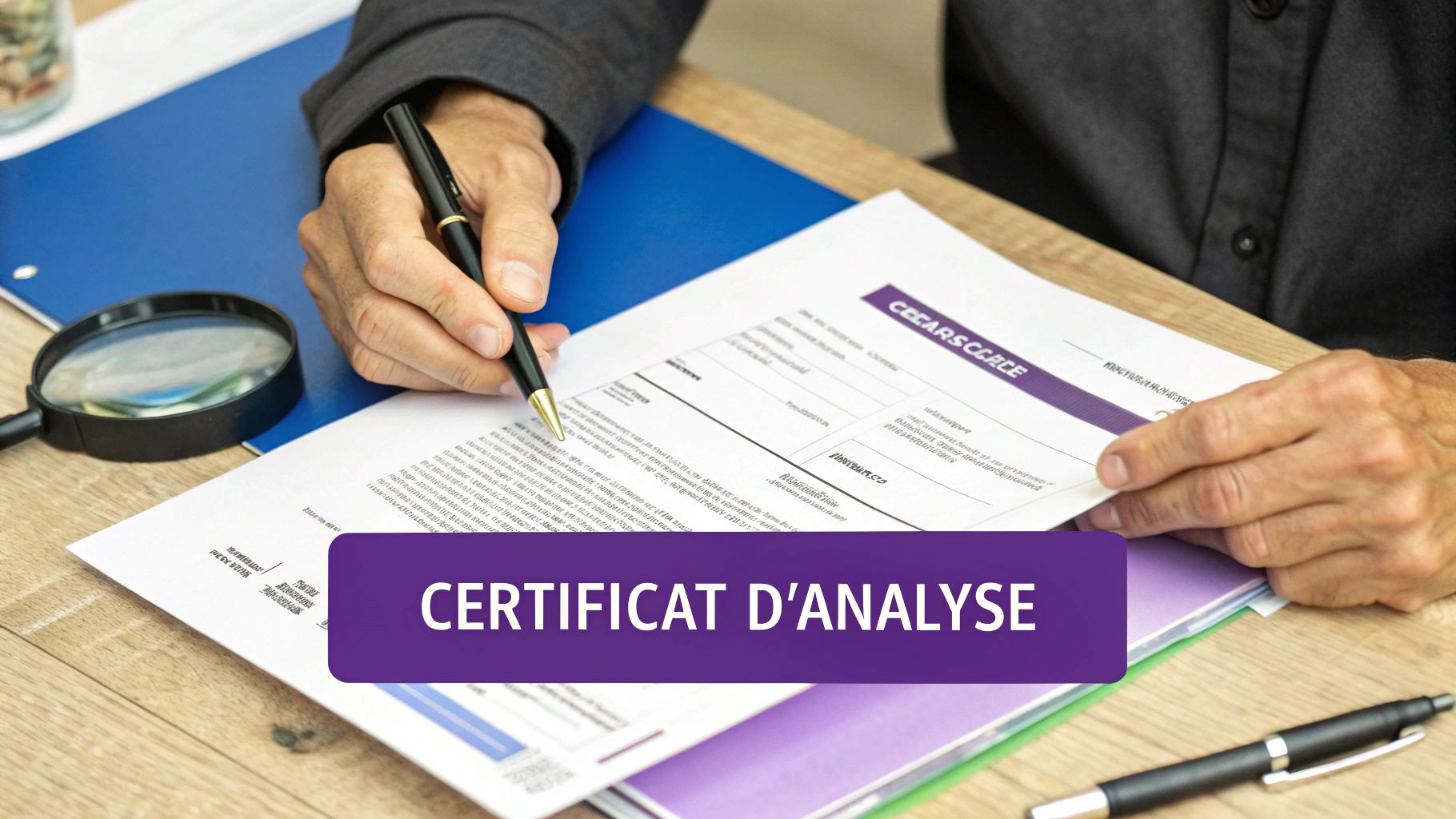 Une personne signe un document intitulé 'CERTIFICAT D'ANALYSE' sur un bureau en bois, avec une loupe et des dossiers.