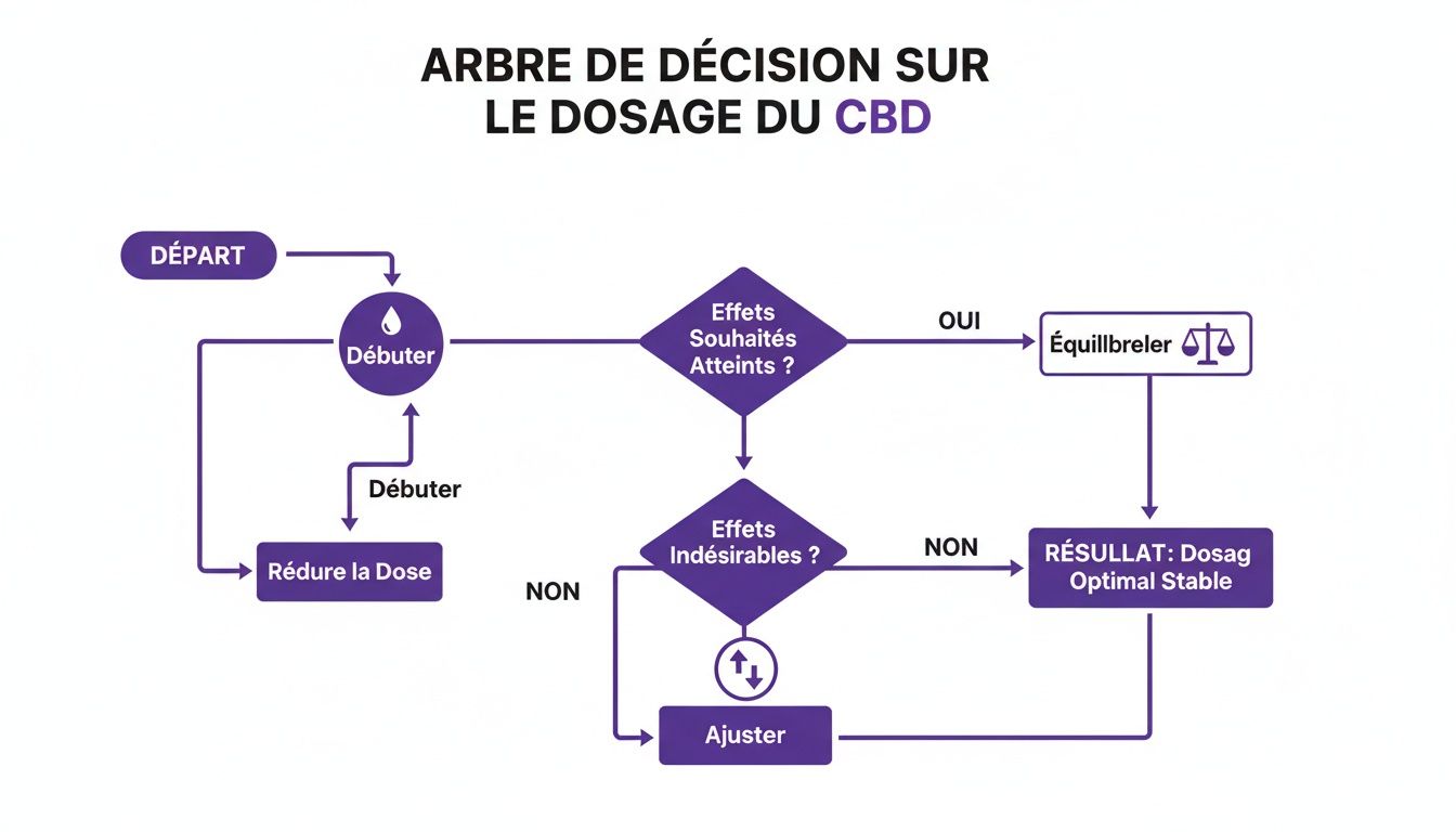 Diagramme de décision expliquant comment ajuster le dosage du CBD pour atteindre les effets souhaités et éviter les effets indésirables.