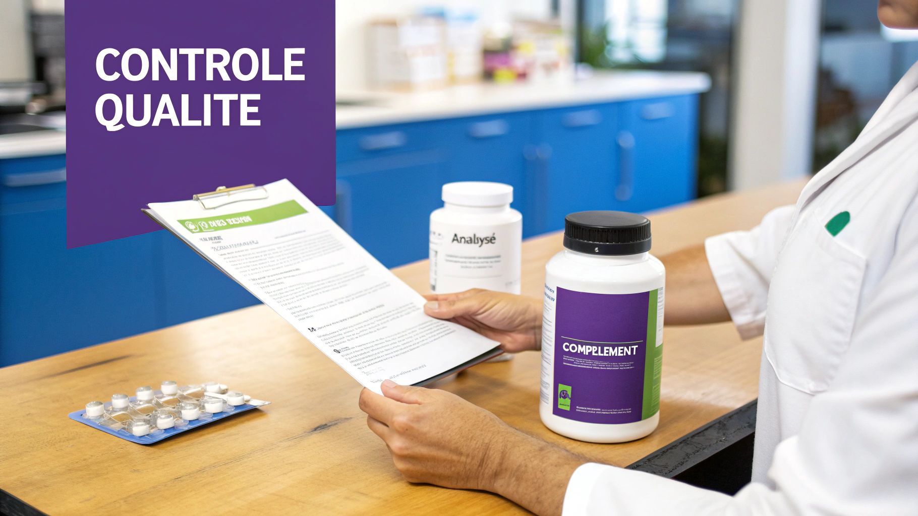 Un professionnel en blouse blanche examine des documents de contrôle qualité à côté de compléments alimentaires sur une table en bois.