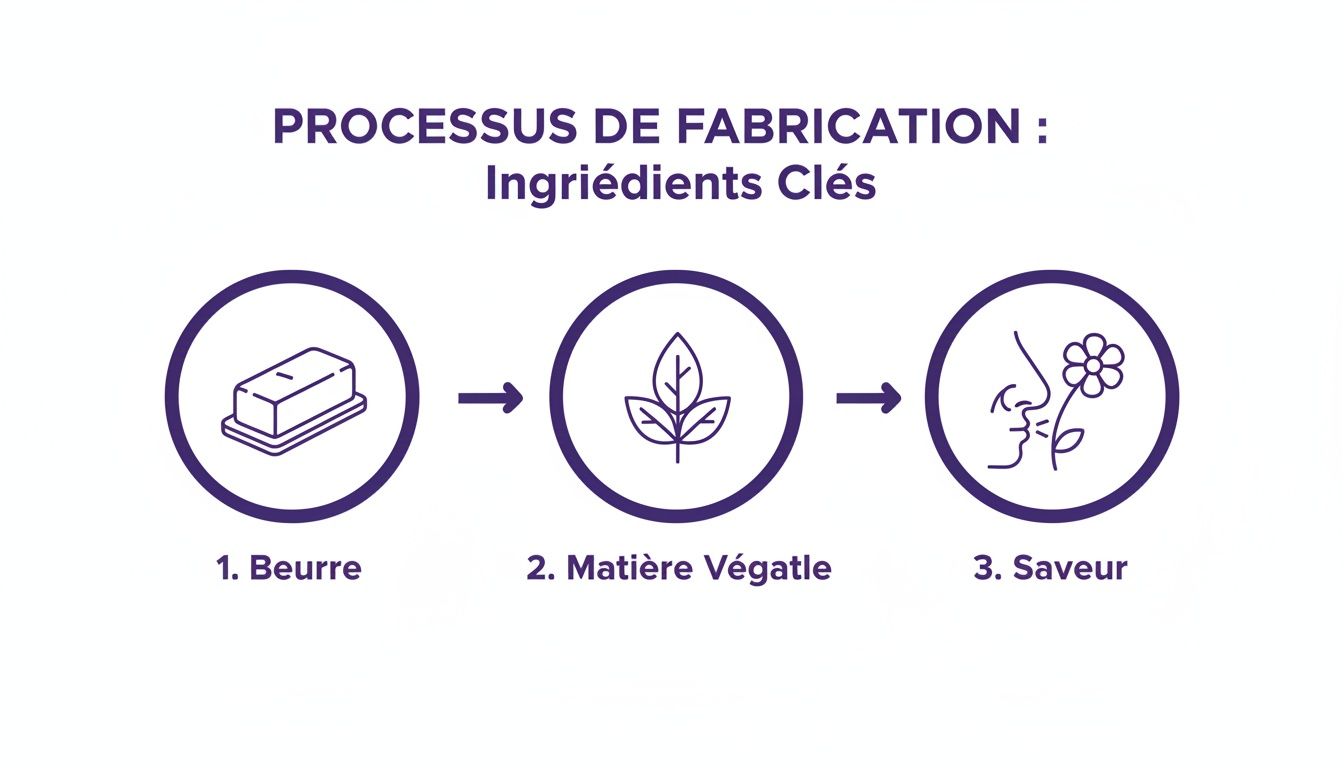 Infographie du processus de fabrication de produits, illustrant les ingrédients clés : beurre, matière végétale et saveur.