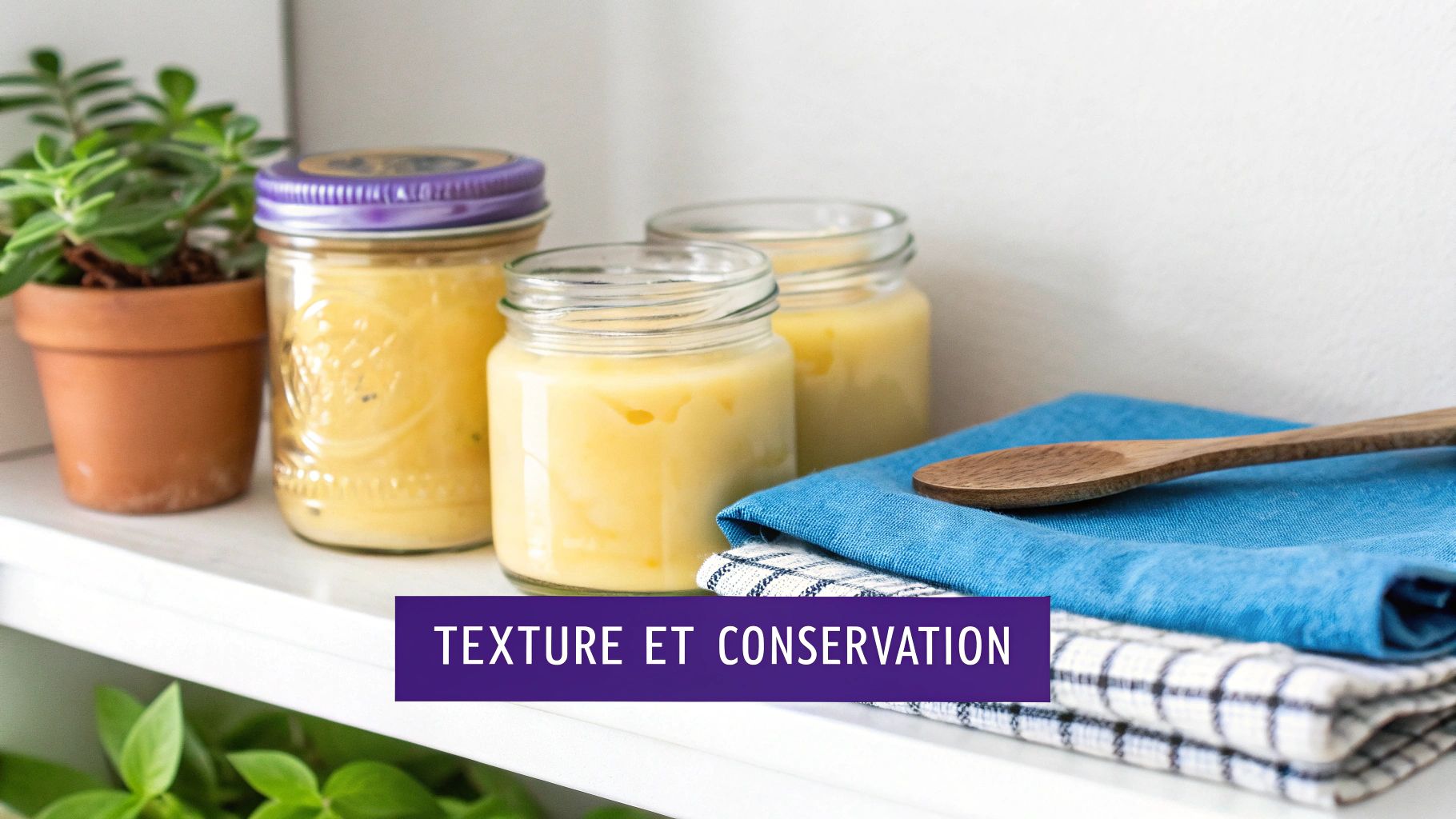 Des bocaux de préparation jaune, une plante et des torchons sur une étagère, avec le texte "TEXTURE ET CONSERVATION".
