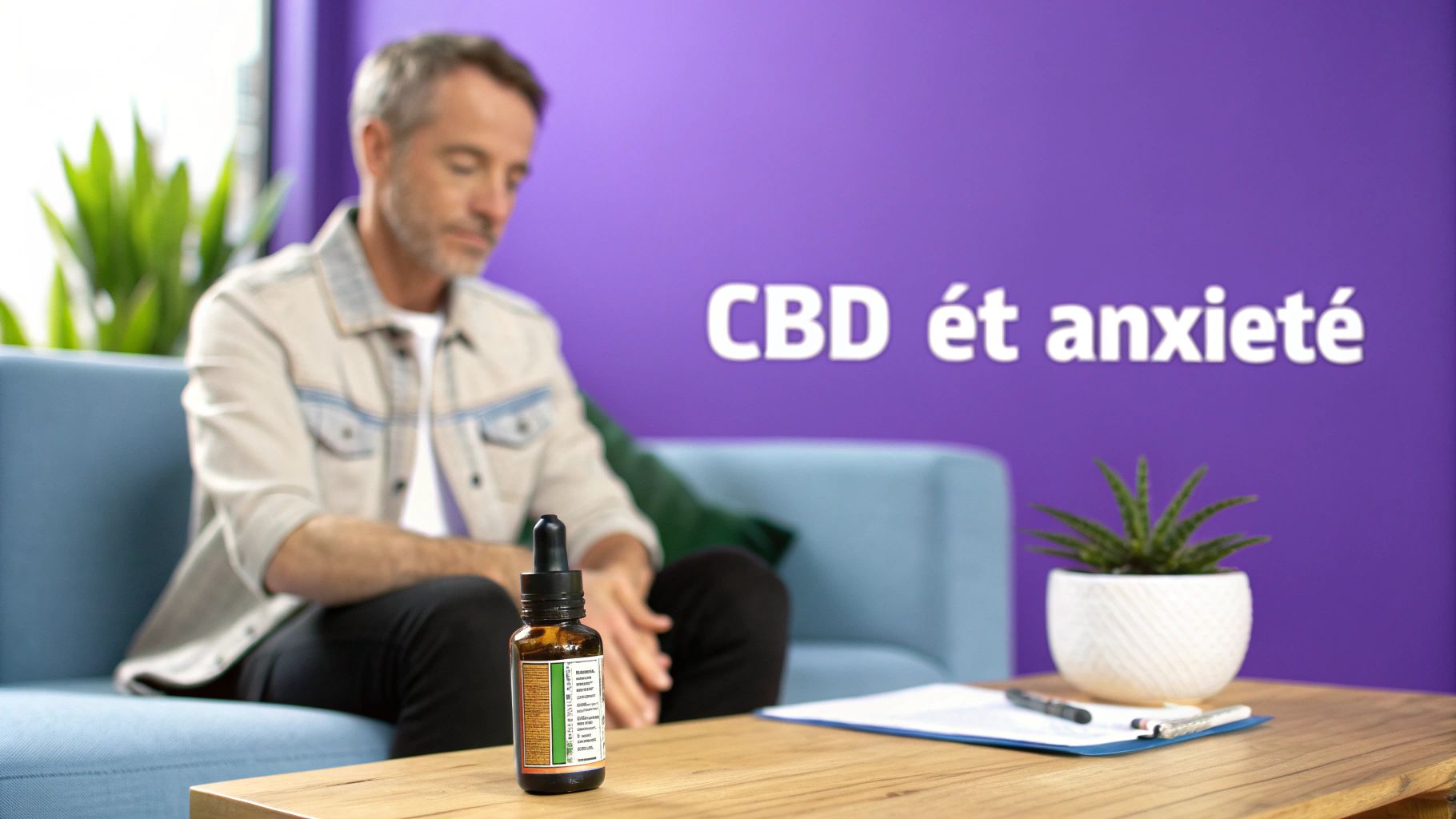 Un homme regarde une bouteille d'huile de CBD sur une table en bois, avec le texte "CBD et anxiété" en arrière-plan.