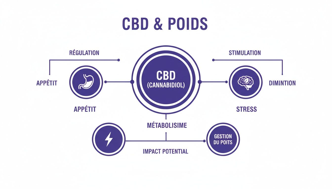 Diagramme explicatif sur l'impact du CBD (Cannabidiol) sur le poids, l'appétit, le métabolisme et le stress.