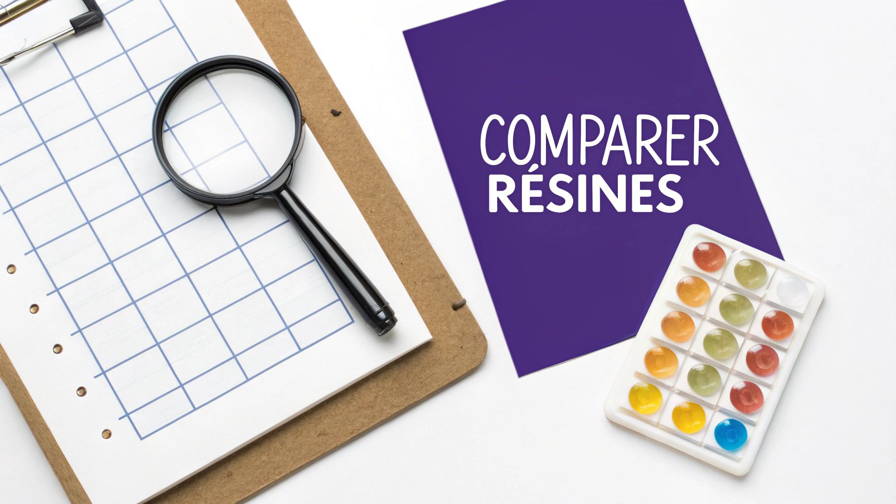 Une loupe sur un tableau, un dossier violet avec le texte "COMPARER RÉSINES" et des échantillons de résines colorées.