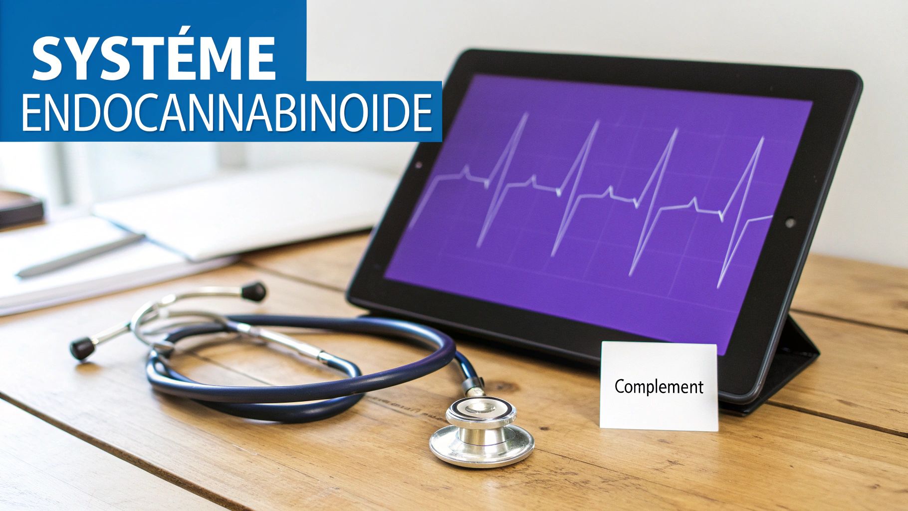 Un stéthoscope, une tablette avec un ECG et une note "Complément" sur une table en bois. Le texte indique "Système Endocannabinoïde".