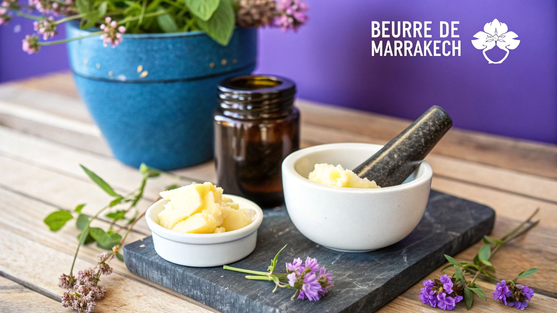 Un bol avec pilon, un autre bol de beurre jaune, une bouteille, et des fleurs, sur table en bois.