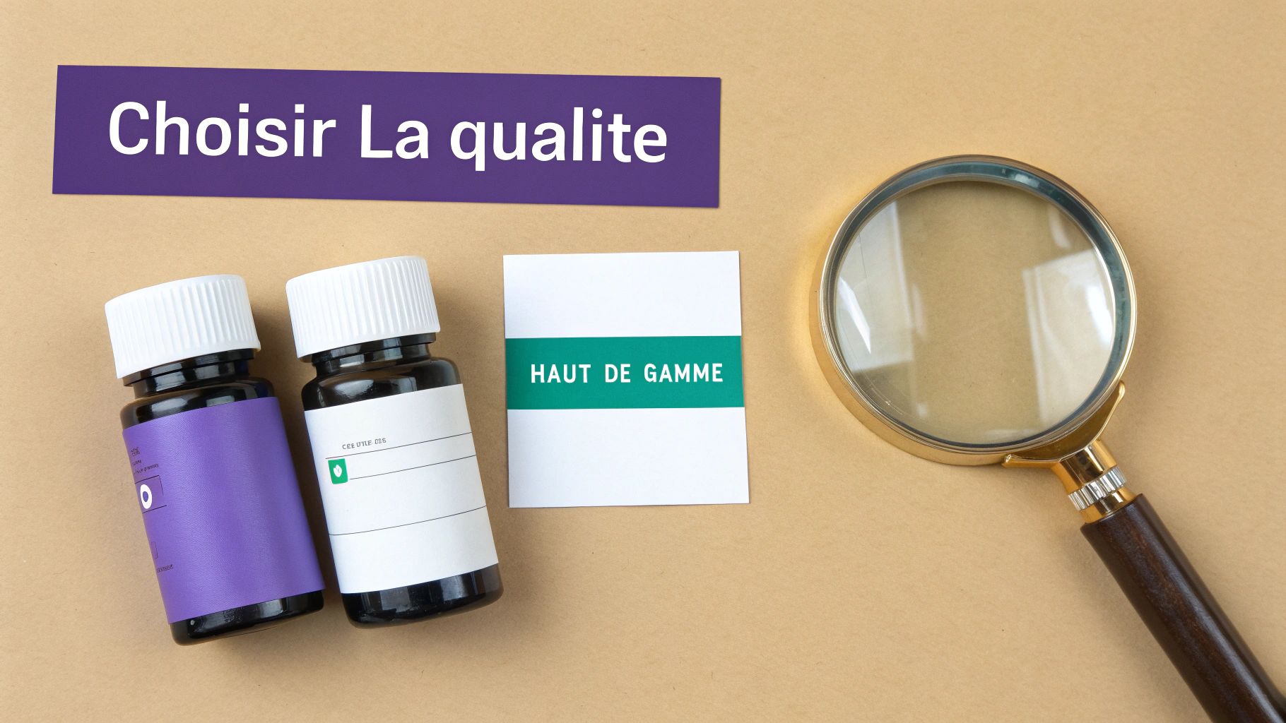 Deux flacons, une loupe et des messages « Choisir La qualité » et « HAUT DE GAMME » sur fond beige.
