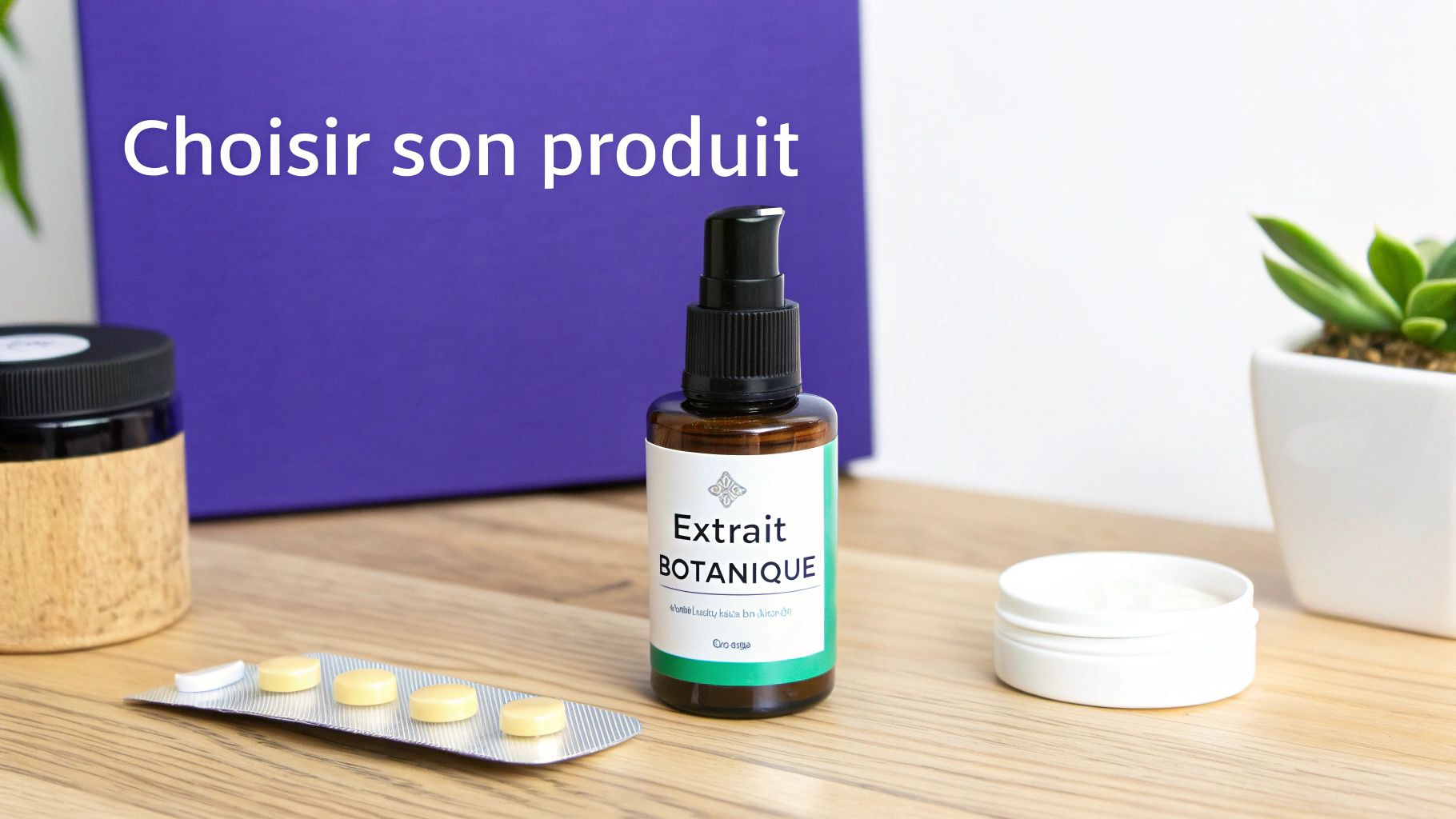 Plusieurs produits de bien-être sur une table en bois avec le texte "Choisir son produit".