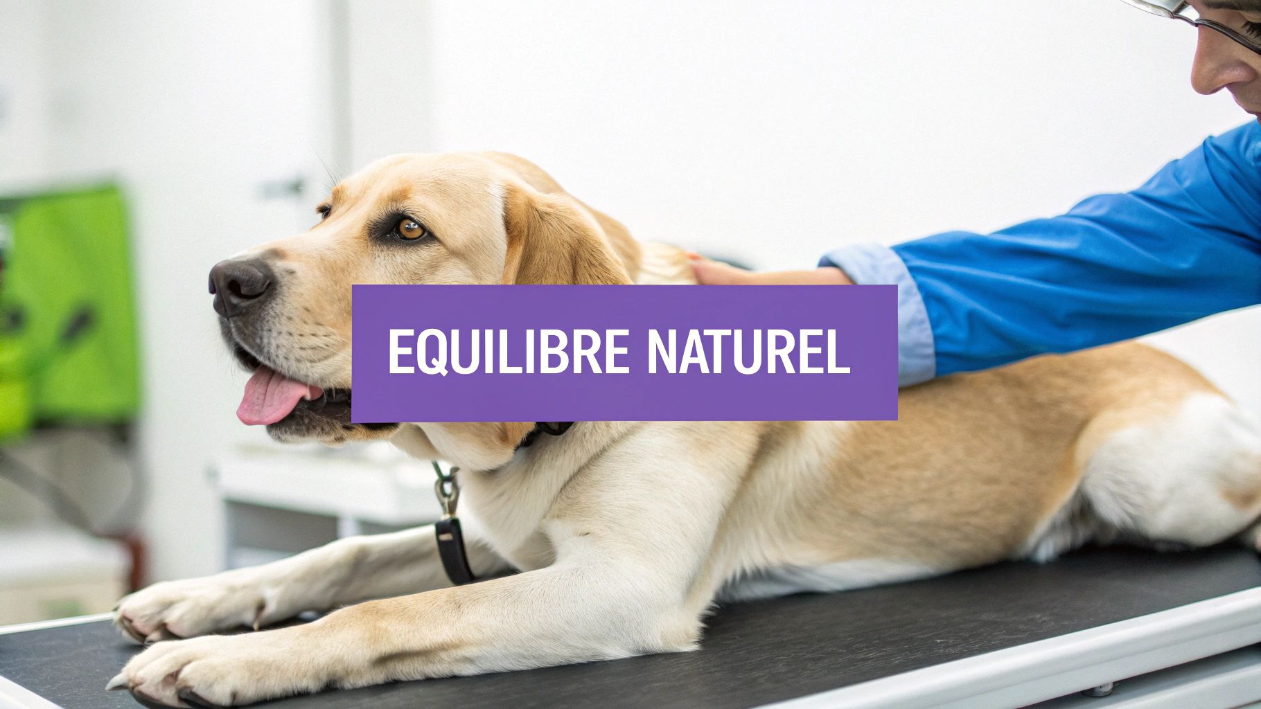 Un Labrador jaune sur une table d'examen, caressé par un vétérinaire. Le texte indique 'ÉQUILIBRE NATUREL'.