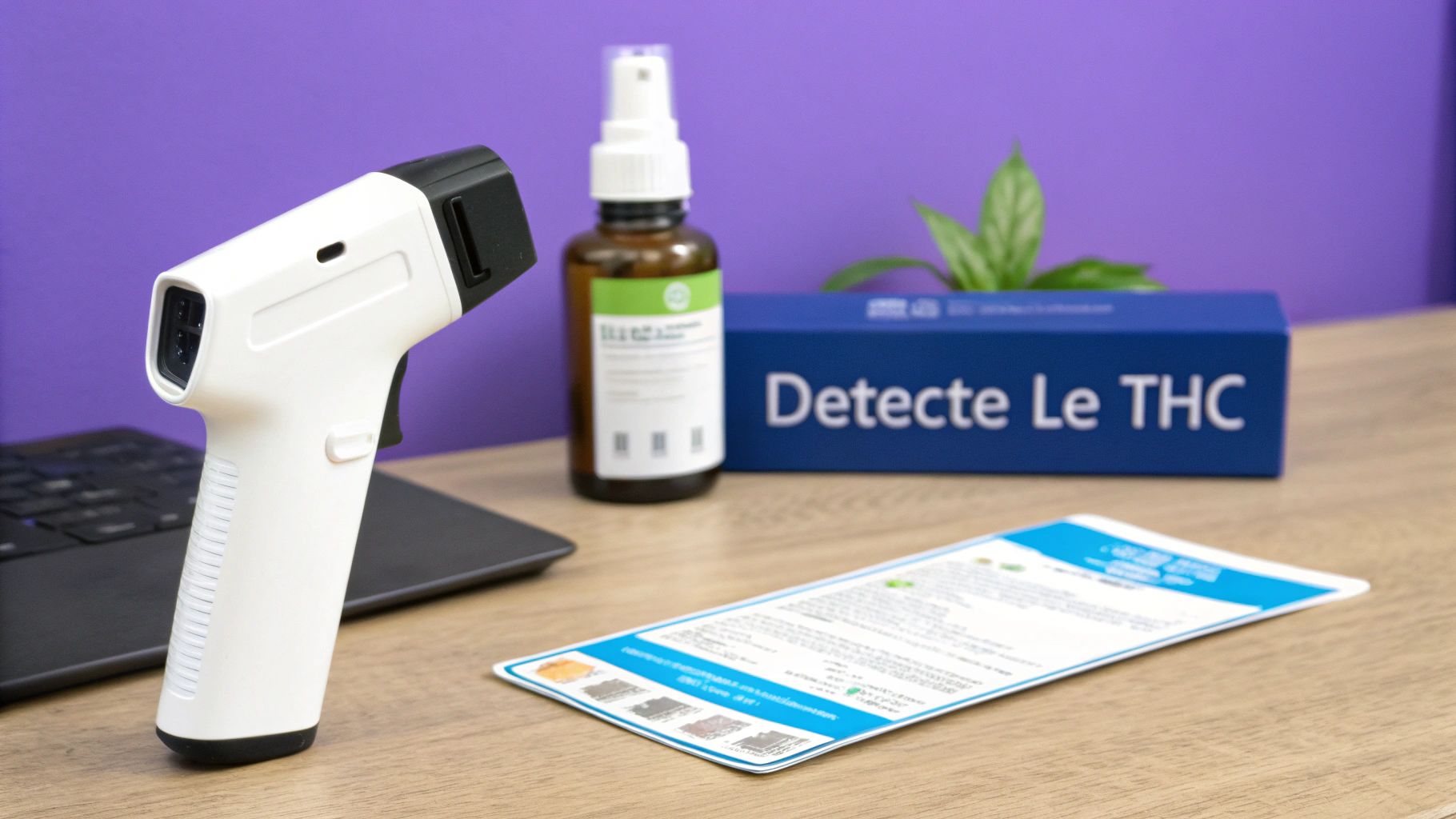 Un thermomètre infrarouge, une bouteille de spray, une boîte « Detecte Le THC » et des instructions sur un bureau en bois.