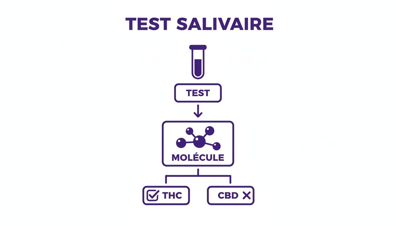 Diagramme expliquant le processus d'un test salivaire pour détecter la molécule de THC (positif) et de CBD (négatif).