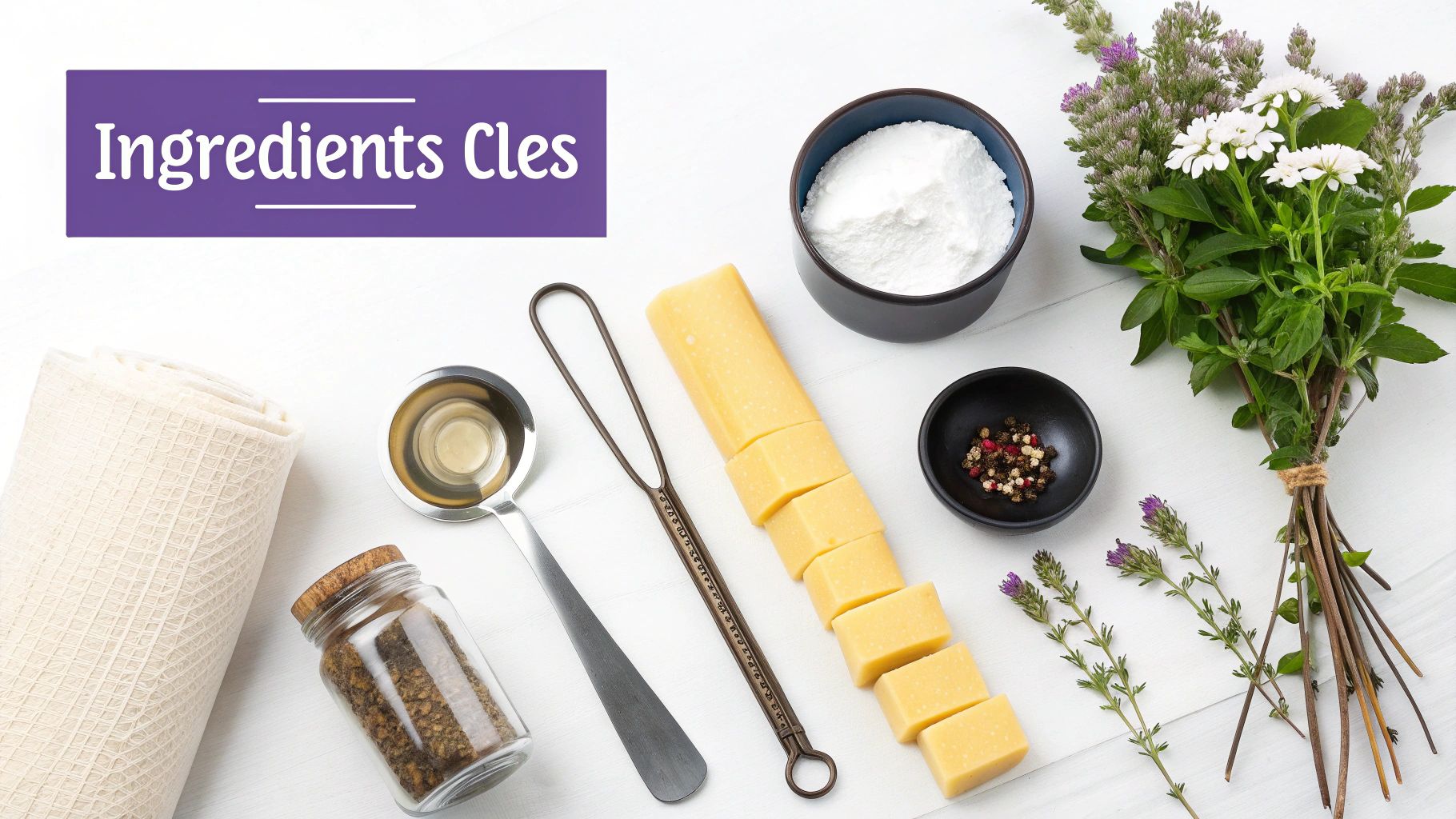 Fromage, épices, herbes fraîches, farine et ustensiles de cuisine variés sur une surface blanche, étiquetés "Ingrédients Clés".