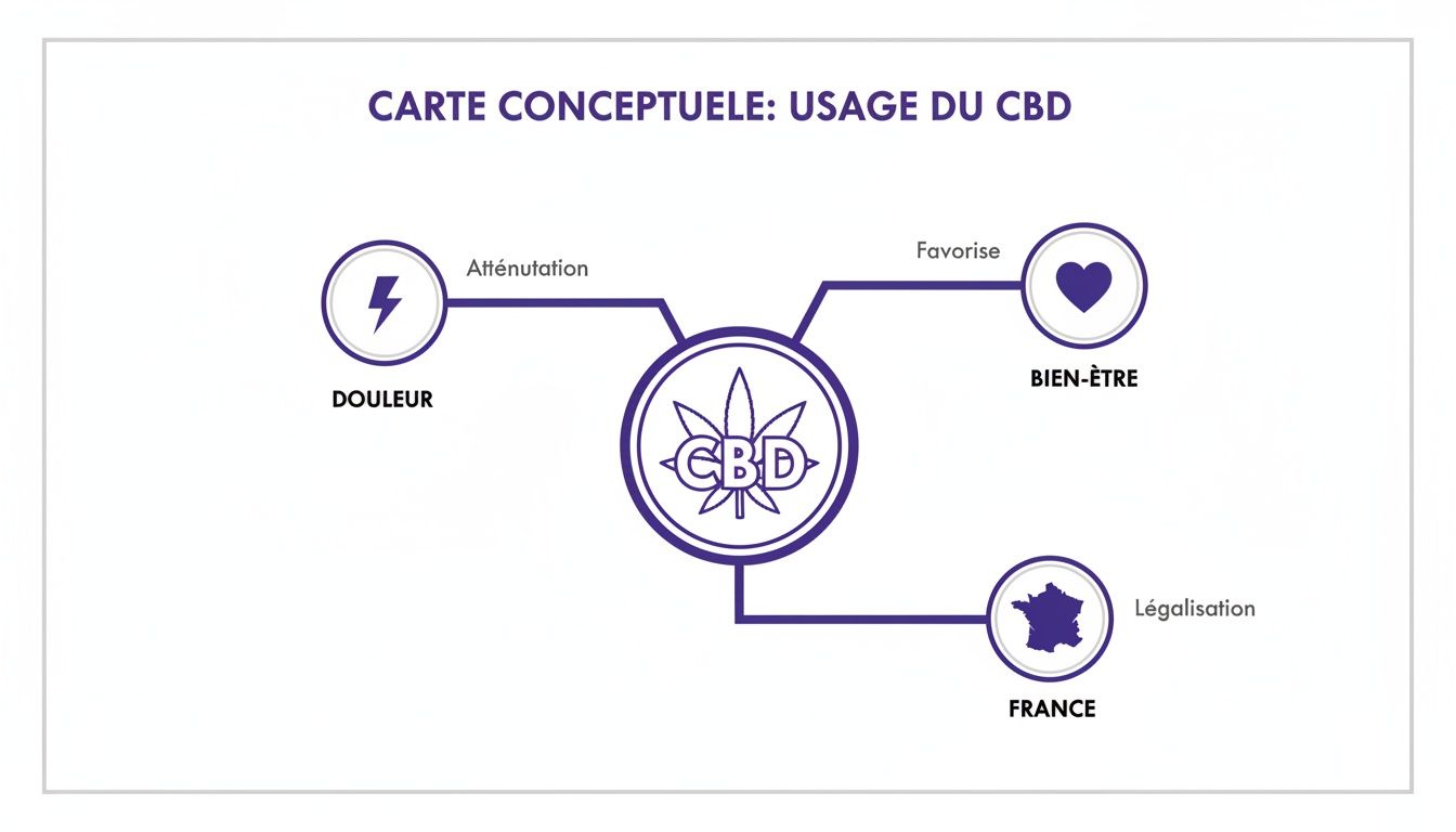 Schéma conceptuel de l'usage du CBD: atténuation douleur, favorise bien-être, légalisation en France.