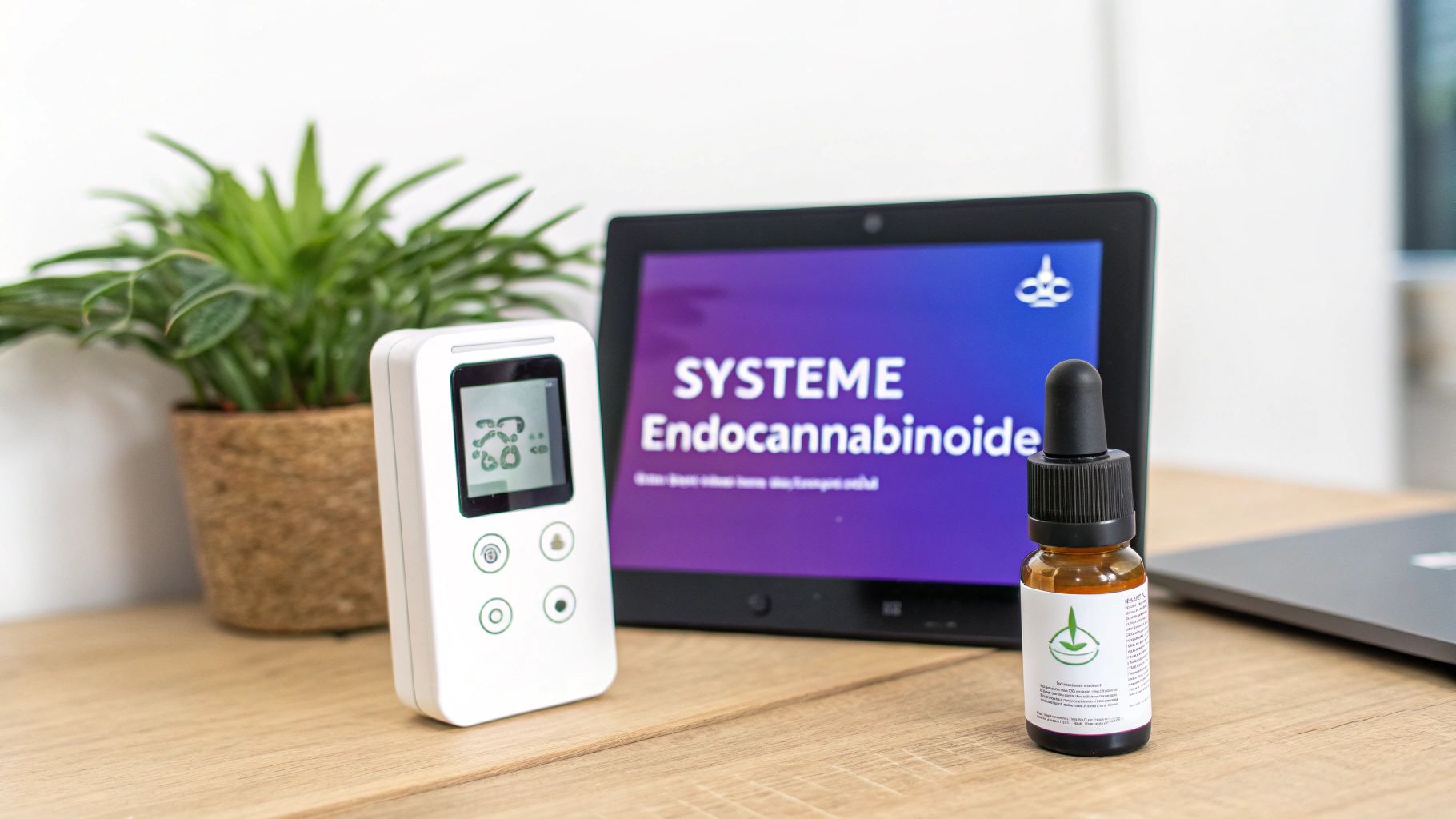 Un appareil numérique, une tablette affichant le système endocannabinoïde, et un flacon de CBD sur un bureau en bois avec une plante.