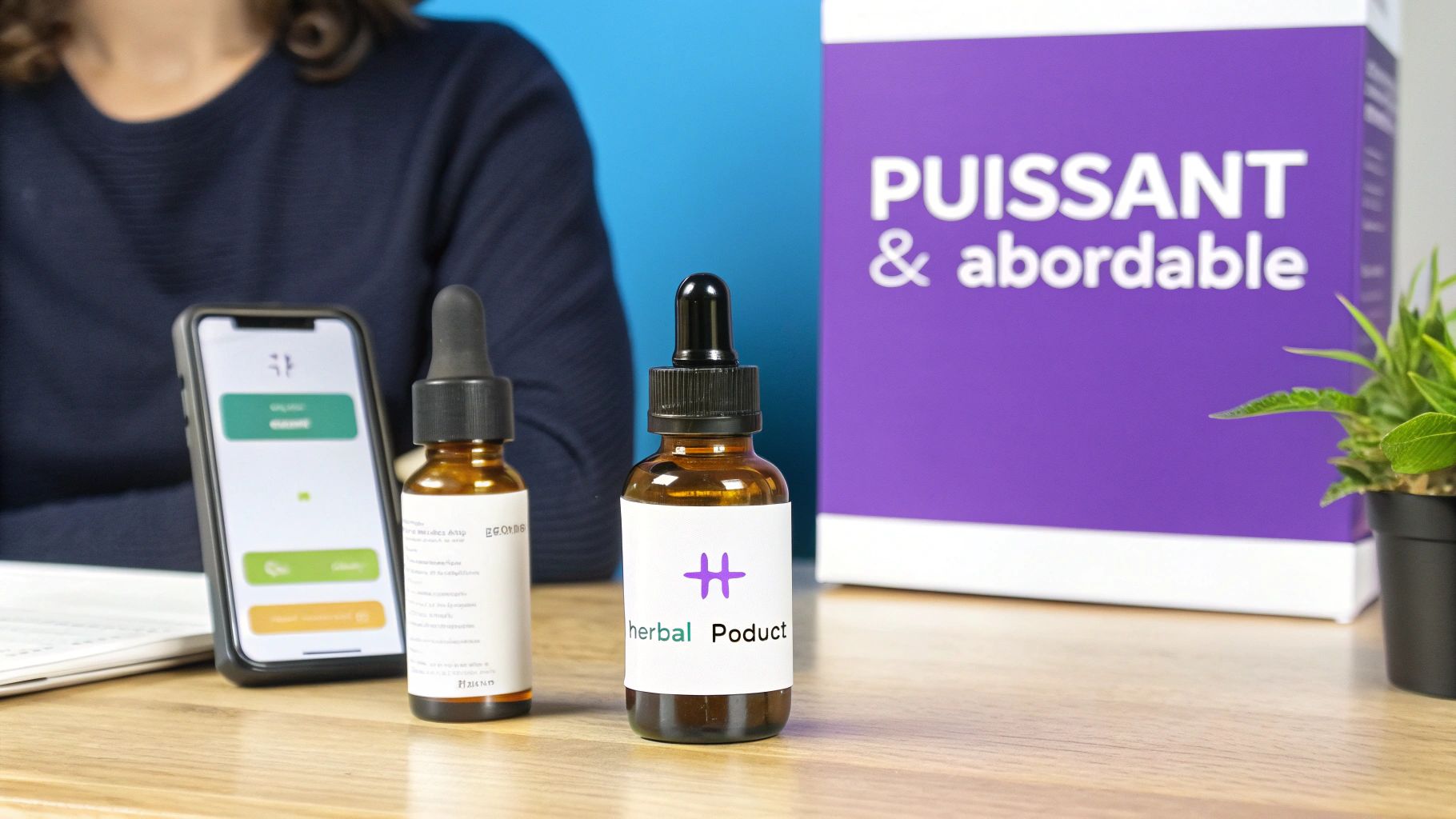 Deux flacons compte-gouttes de produit végétal sur une table en bois, un téléphone et une boîte violette avec l'inscription « Puissant & abordable ».