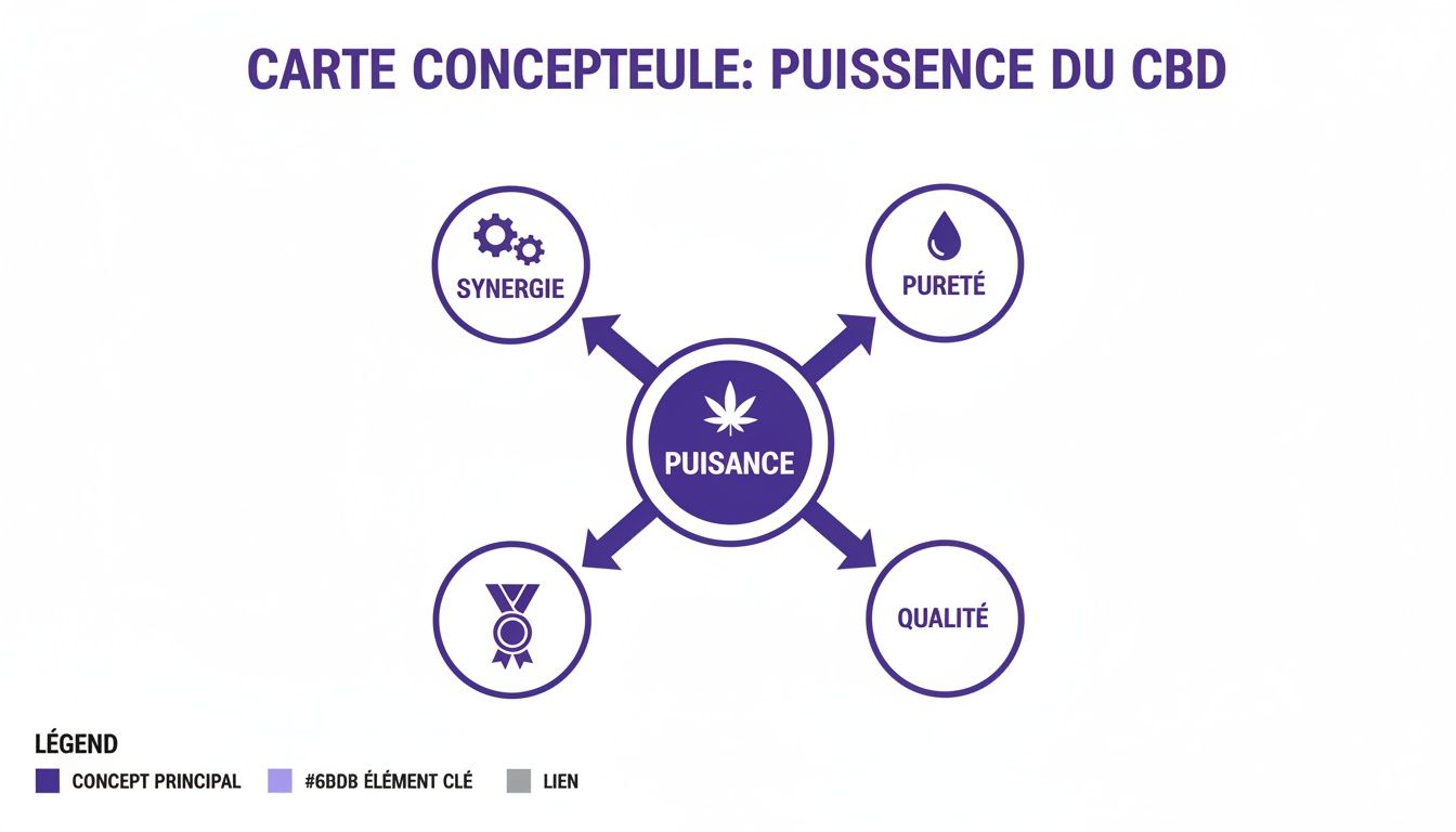 Carte conceptuelle détaillant la puissance du CBD par la synergie, la pureté, la qualité et l'excellence.