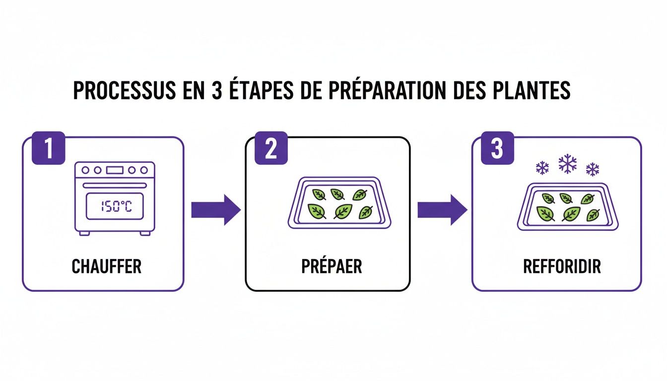 Processus en 3 étapes : chauffer, préparer et refroidir des plantes avec un four et des flocons de neige.