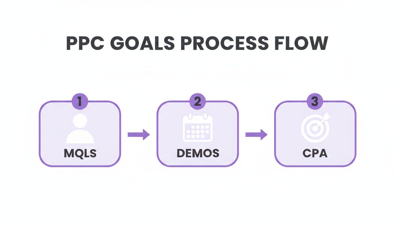 Flowchart illustrating the PPC goals process with three steps: MQLs, Demos, and CPA.