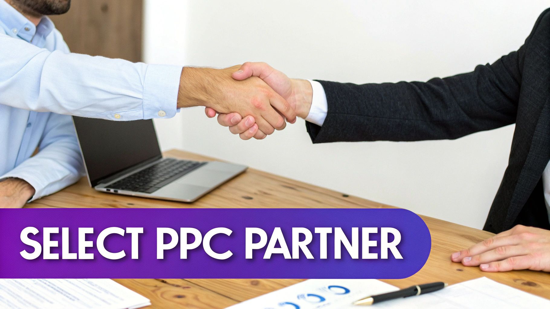 Two business professionals shaking hands over a table with a laptop, signifying a PPC partnership selection.