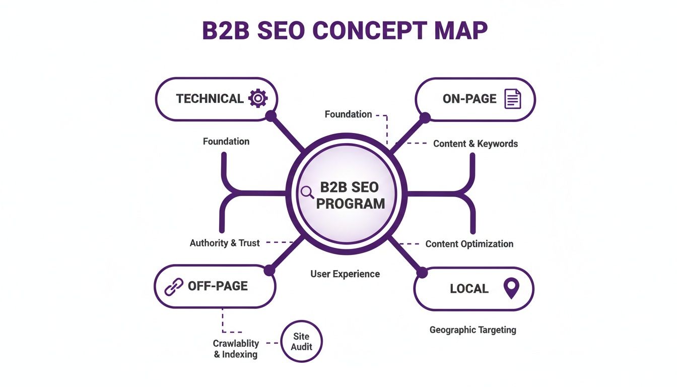 Concept map detailing a B2B SEO program, highlighting technical, on-page, off-page, and local SEO elements.