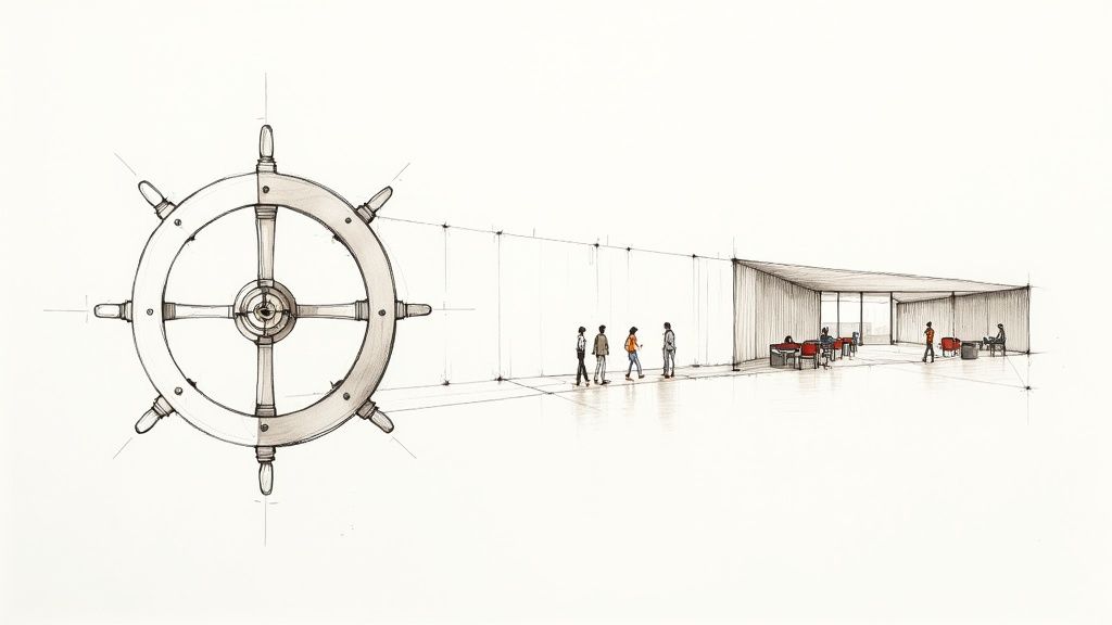 Hand-drawn architectural sketch with a large ship's wheel, people walking, and a modern building interior.