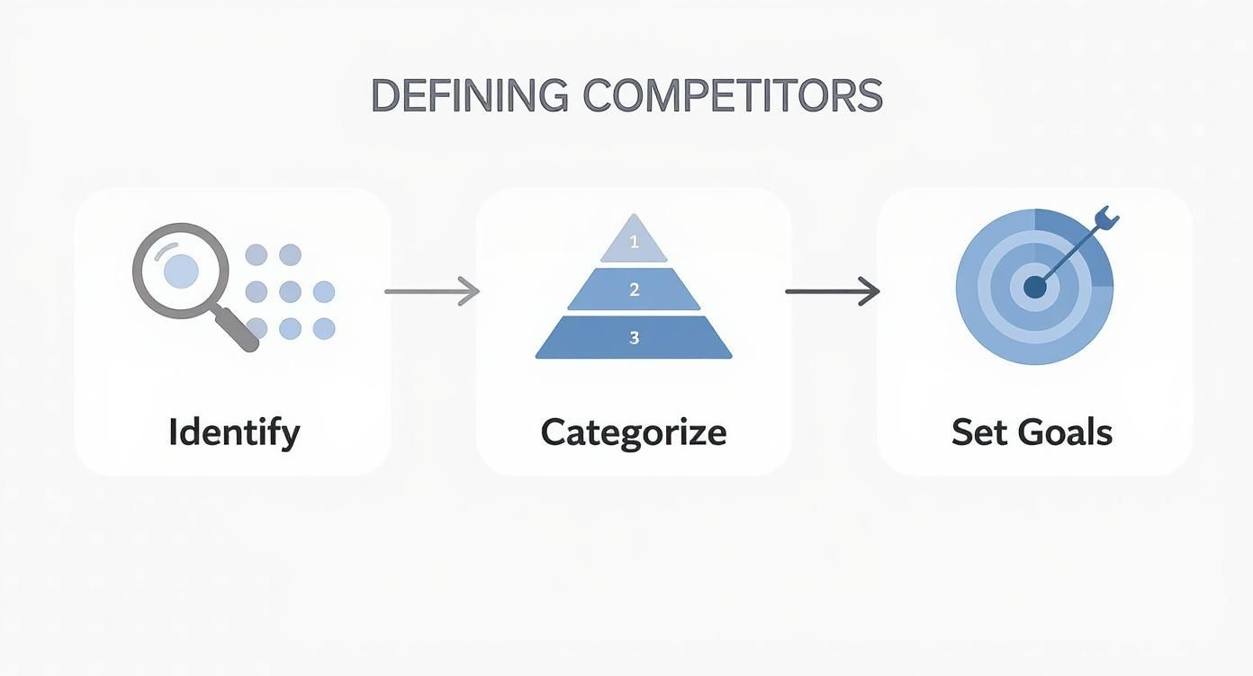 A three-step diagram outlining competitor analysis: Identify, Categorize, and Set Goals.