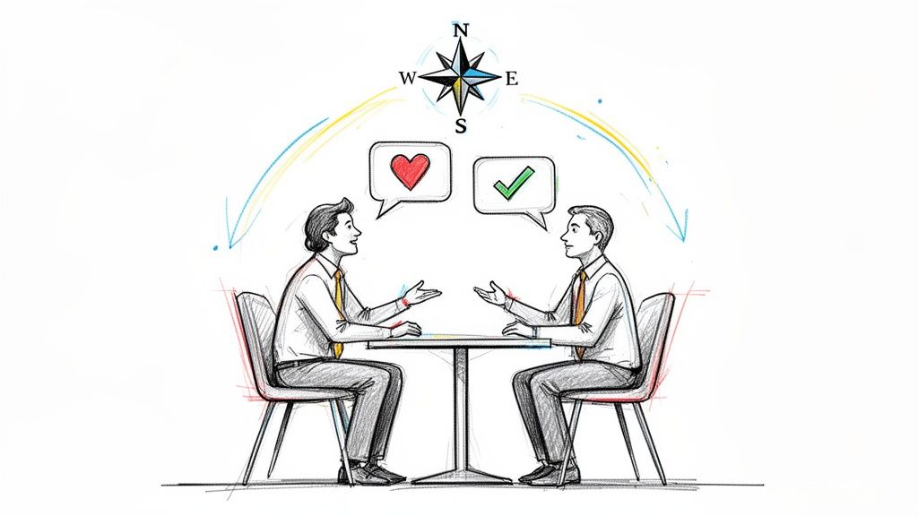 Two businessmen discuss ideas, balancing emotions (heart) and logic (checkmark) with a compass guiding their conversation.