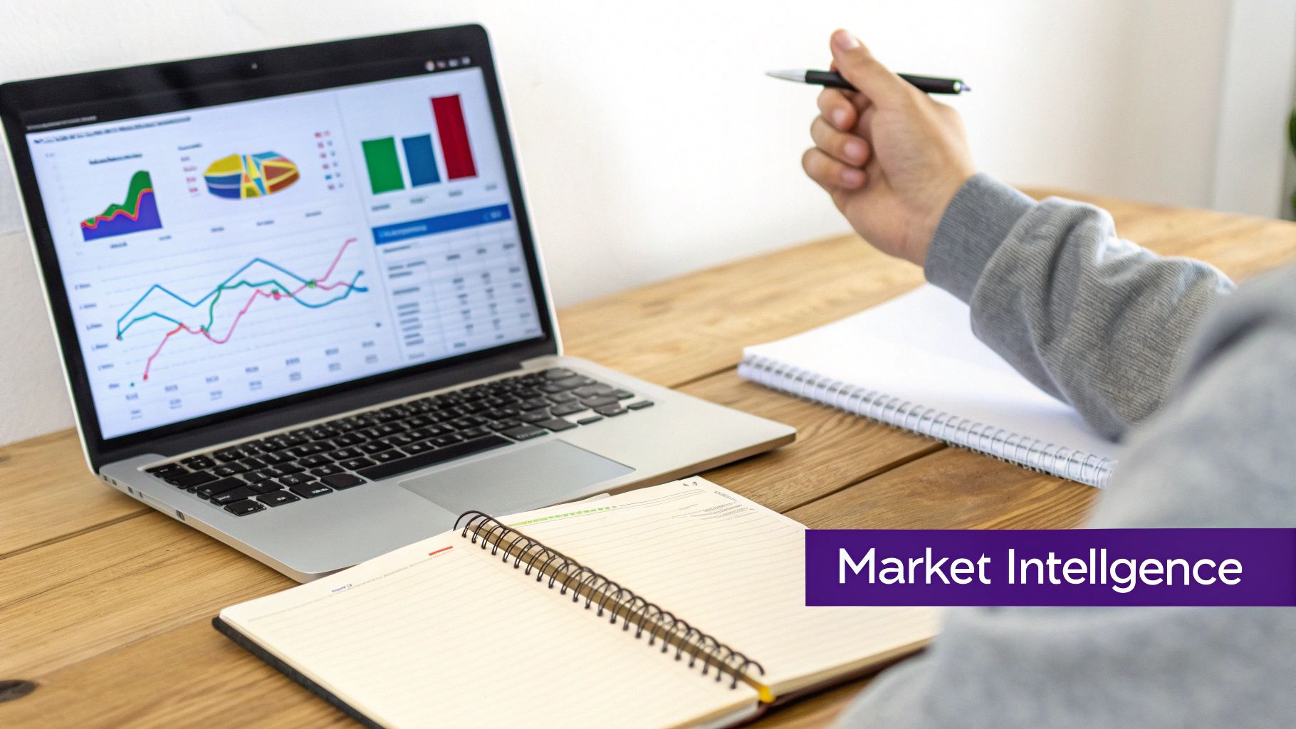 Person analyzing market intelligence data on a laptop with charts and graphs, taking notes.