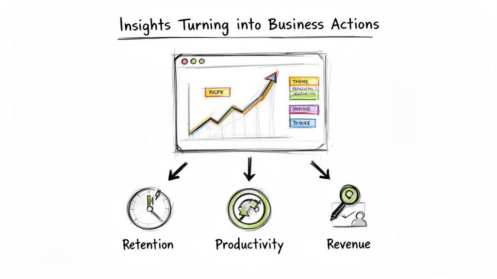 Diagram showing data insights from a line graph leading to improved retention, productivity, and revenue.