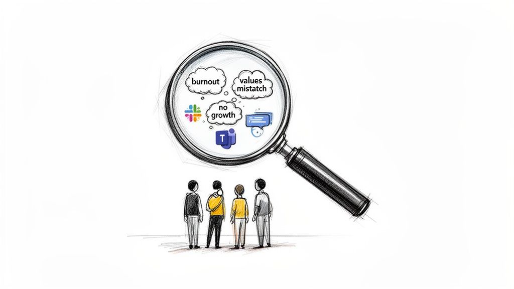 Four employees observe a magnifying glass revealing workplace issues like burnout, no growth, and values mismatch, along with communication apps.
