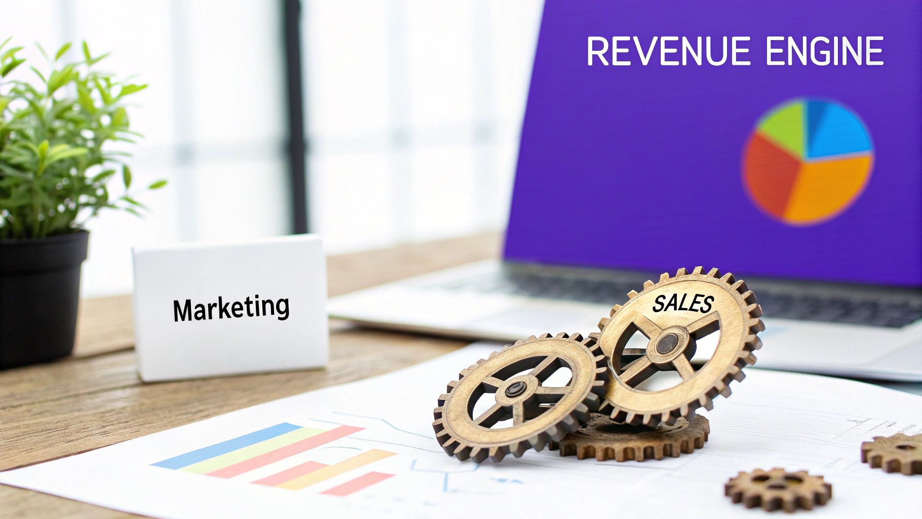 Two gears, one labelled "Demand Gen" and the other "Lead Gen," interlocking to power a larger machine labelled "Revenue."