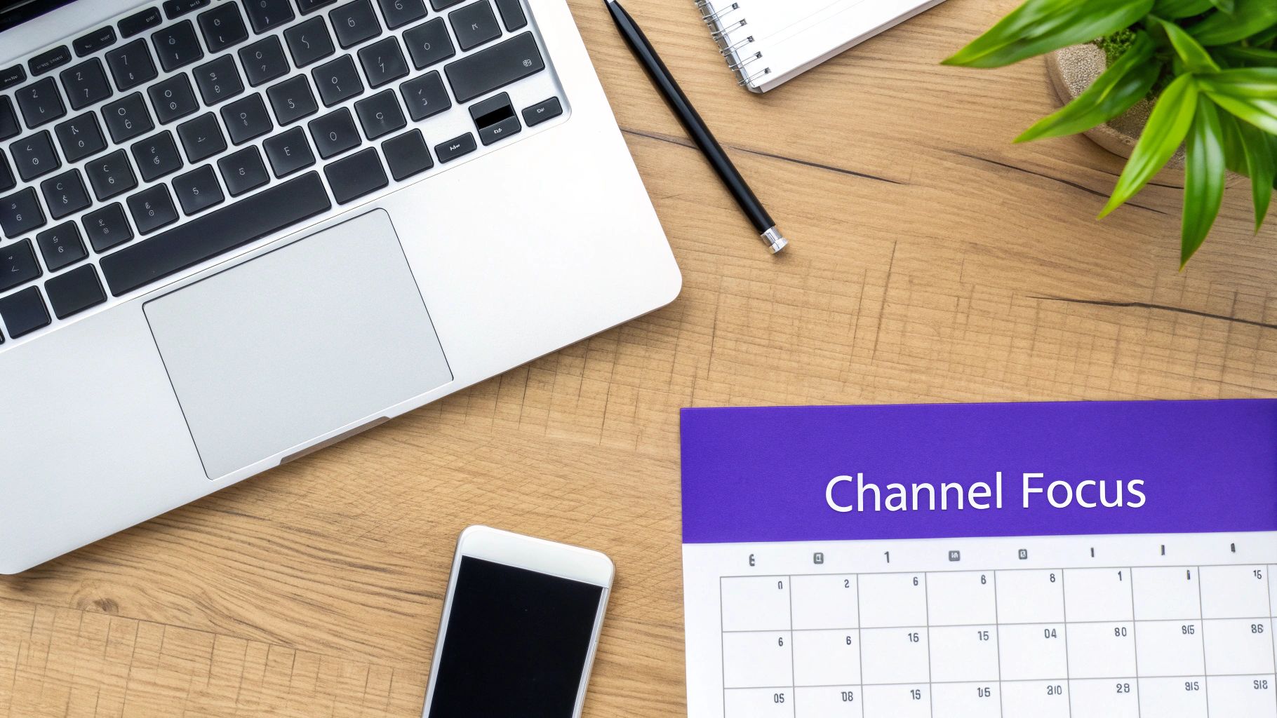 Overhead view of a modern wooden desk with a laptop, smartphone, pen, notebook, plant, and a calendar with 'Channel Focus'.