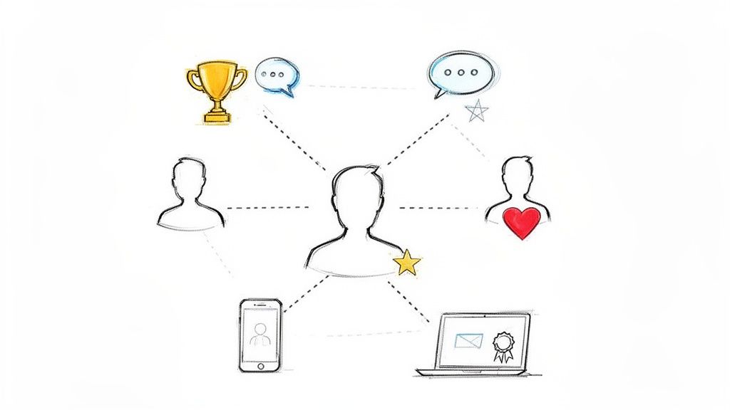A diagram shows a central person connected to achievements, communication, social support, and digital devices.