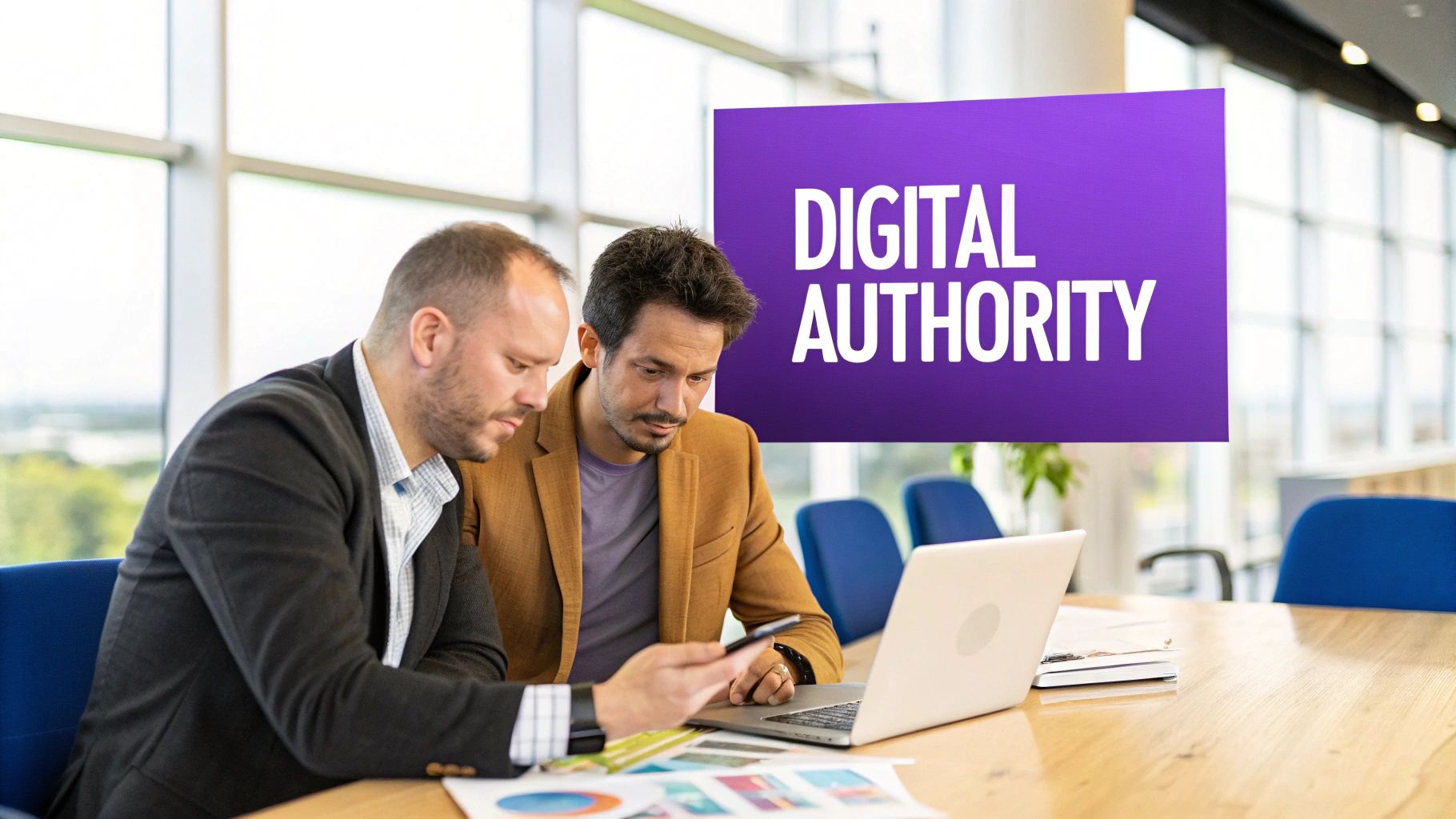 Two businessmen reviewing data on a phone and laptop in a modern office, promoting 'Digital Authority'.