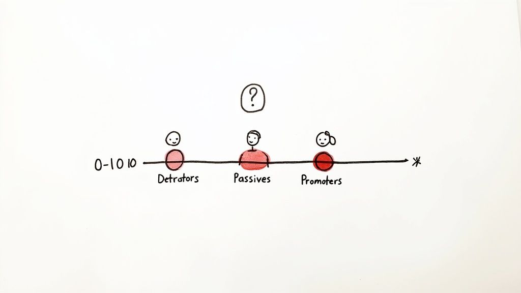 Hand-drawn diagram for Net Promoter Score (NPS) showing Detractors, Passives, and Promoters on a 0-10 scale.