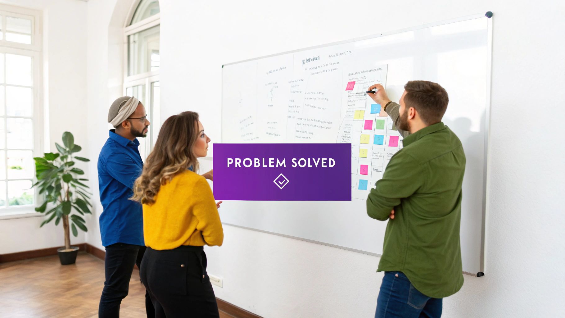 Three colleagues brainstorming ideas on a whiteboard with sticky notes and a 'PROBLEM SOLVED' banner.