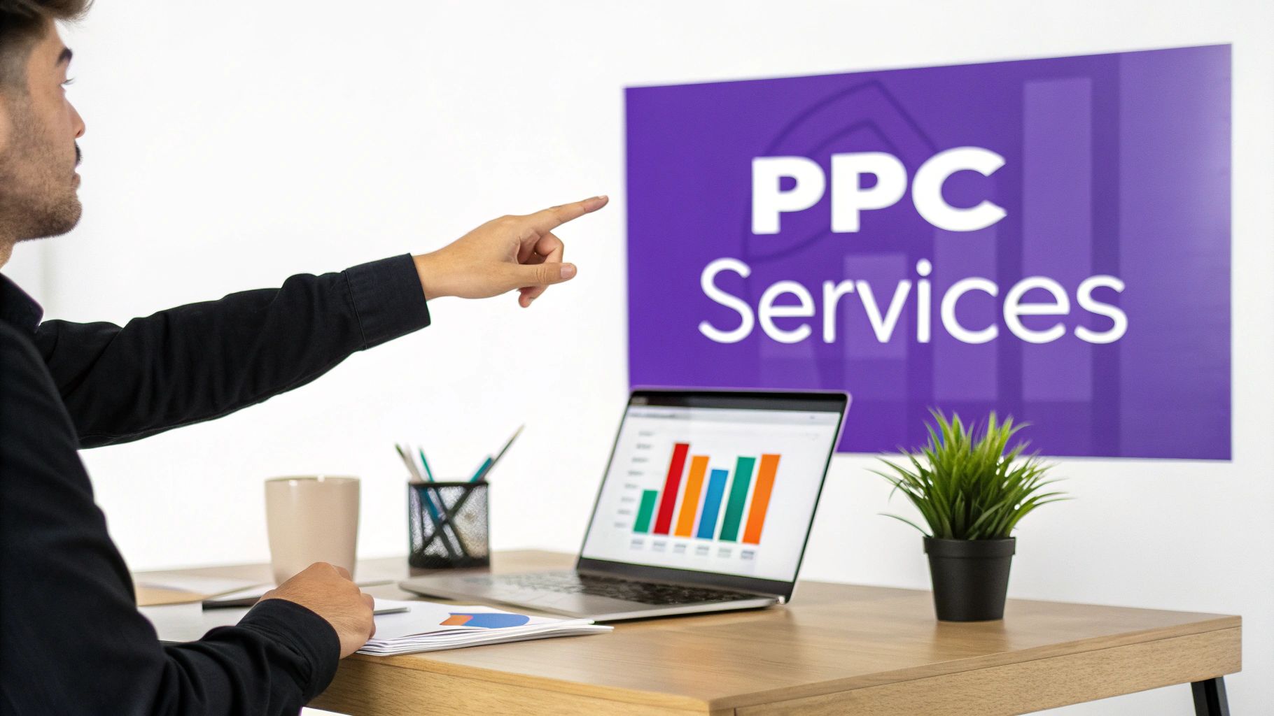 Man in black shirt pointing at a purple "PPC Services" sign, with a laptop displaying a chart.